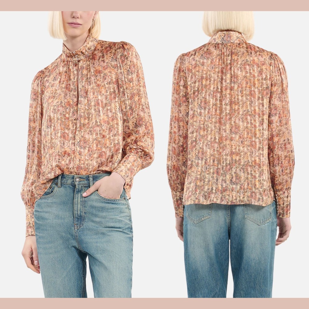 NWT‎ $395 The Kooples [ SZ 3 ] Camo Roses Sheer Metallic Blouse Top U1397